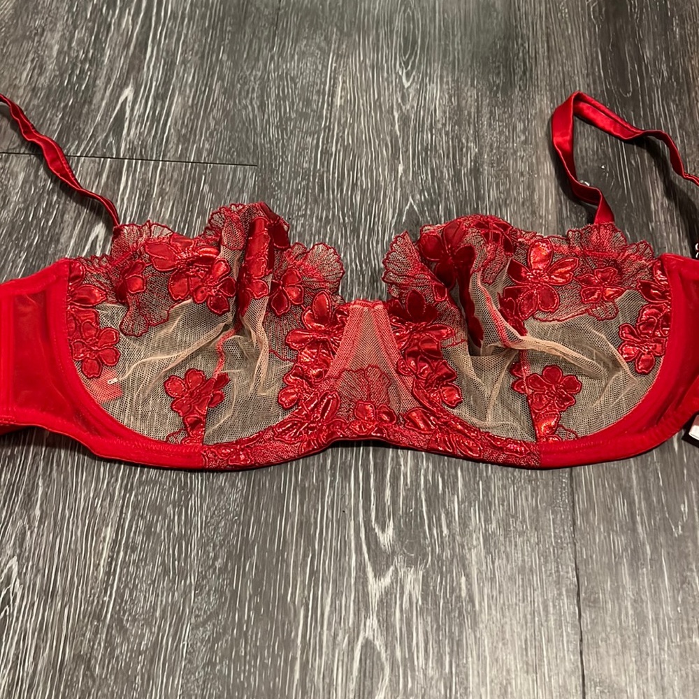 Fleur Du Mal Red Embroidered Foil Mesh Balconette Bra